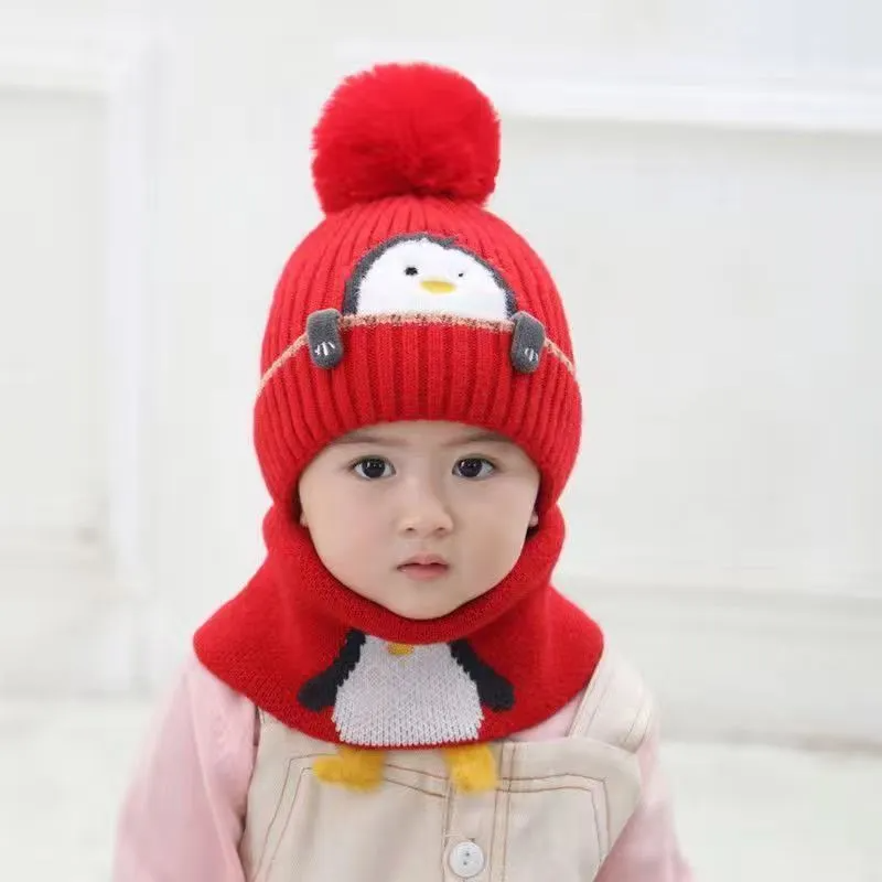 (Buy 1 Get 1)  Kids Unisex Autumn Winter Fashion Casual Cute Solid Color Cartoon Penguin Hat Scarf Two Set