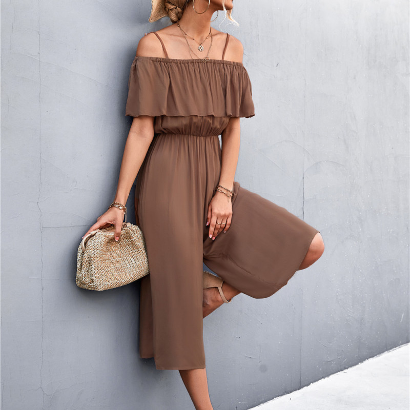 Women Solid Color One-Shoulder Loose Casual Sling Jumpsuit