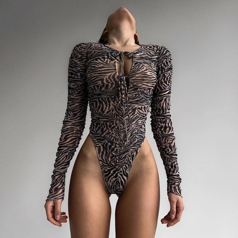 Women Round Neck Lace Up Hollow Mesh See-Through Long-Sleeved Bodysuit