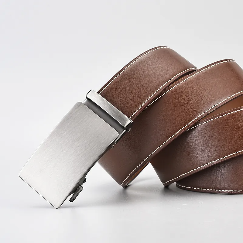 Men Fashion Casual Business Solid Color Leather Metal Buckle Belt