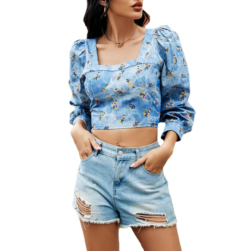 Women'S Fashion Puff Sleeve Tiny Flower Printing Square Neck Long Sleeve Denim Shirt