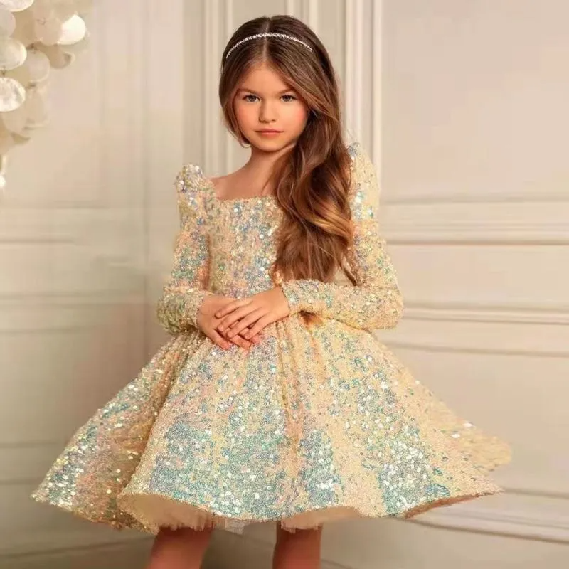 Kids Toddler Big Girls Fashion Party Cute Sweet Mesh Sequins Long Sleeve Tutu Princess Dress