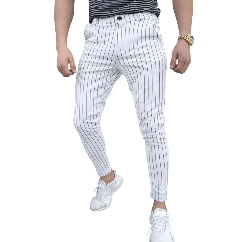 Men Casual Striped Print Mid Waist Skinny Pencil Pants