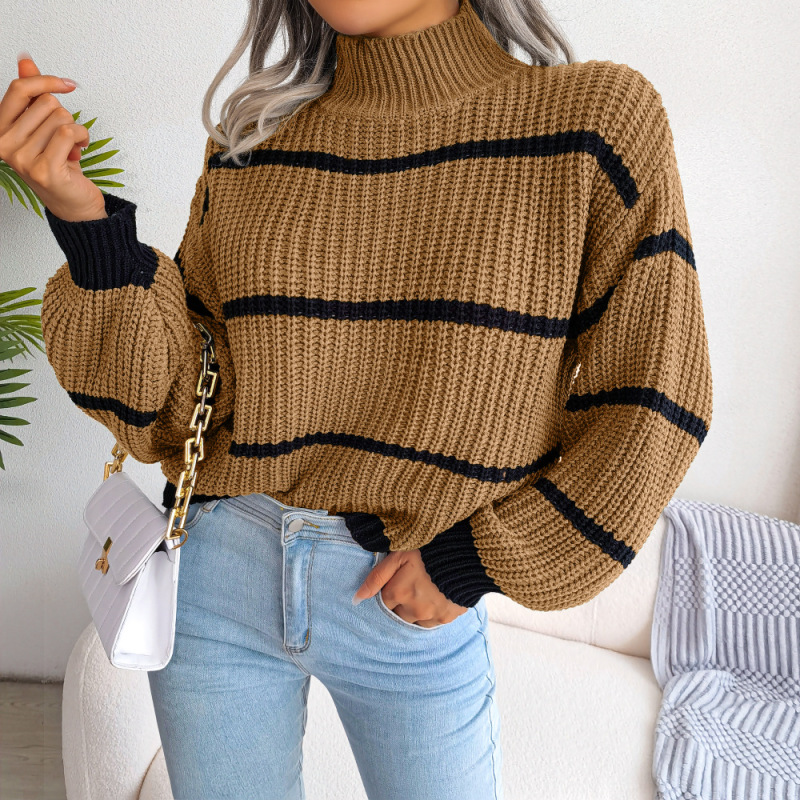 Women Fashion Casual Basic Stripe Lantern Sleeve Turtleneck Knitted Sweater