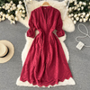 Women Fashion Elegant Solid Color V-Neck Cropped Sleeve Hollow Single-Breasted Shirt Dress