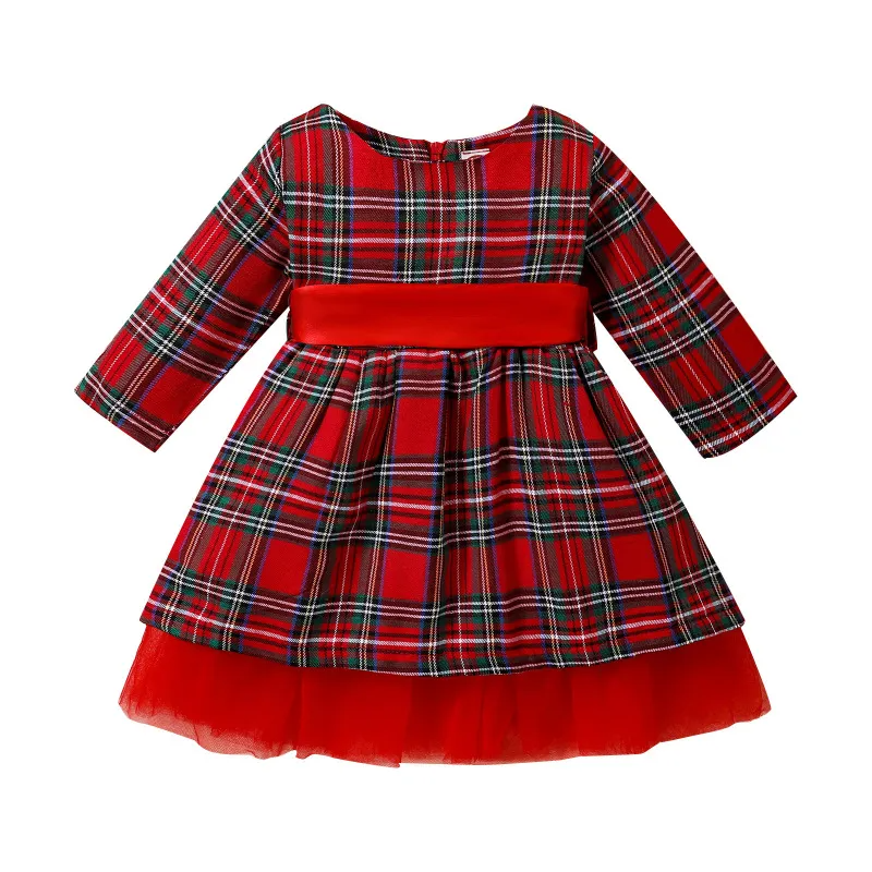 Kids Toddler Girls Fashion Casual Christmas Red Plaid Round Neck Long Sleeve Mesh Dress