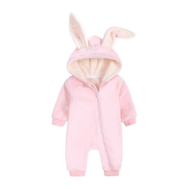 Kids Baby Boys Girls Autumn Winter Casual Cute Solid Color Rabbit Ears Fleeces Long Sleeve Hooded Bodysuit