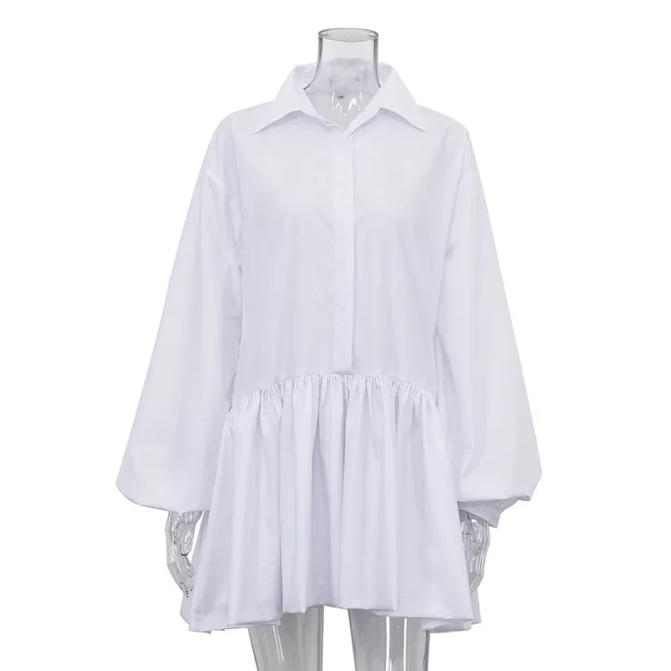 Women Solid Color Elegant Office Chic Ruffled Lapel Puff Sleeve White Shirt Dress