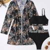 Women Summer Vacation Sexy Leaf Floral Printed Swimsuit Three-Piece Set