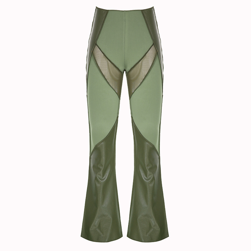 Women'S Fashion Edgy Mesh Color Blocking Hollow See-Through Flared Pants