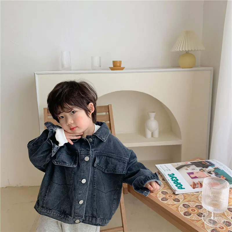 Kids Casual Solid Color Long Sleeve Single-Breasted Lapel All-Match Denim Coat