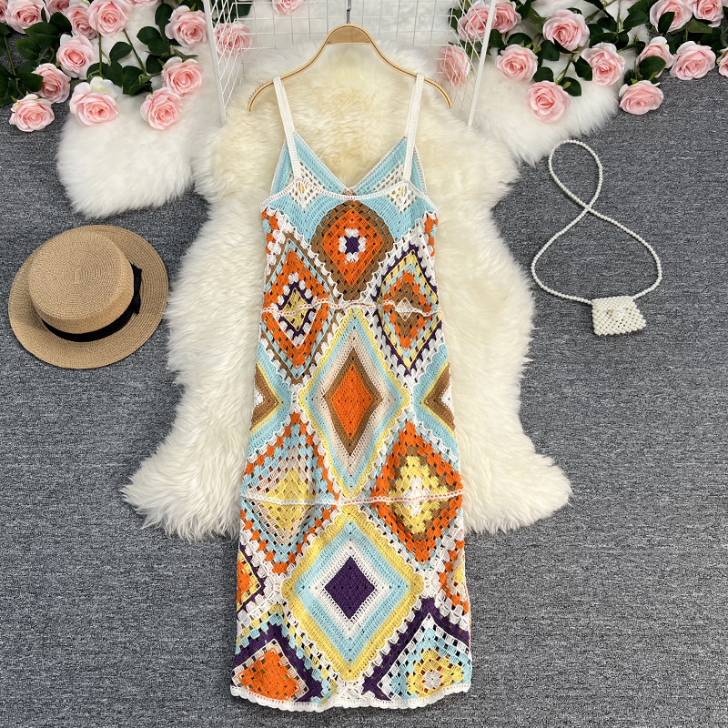 2 Pieces Women Fashion Summer Vacation Boho Style Color Blocking Knitted Sundress
