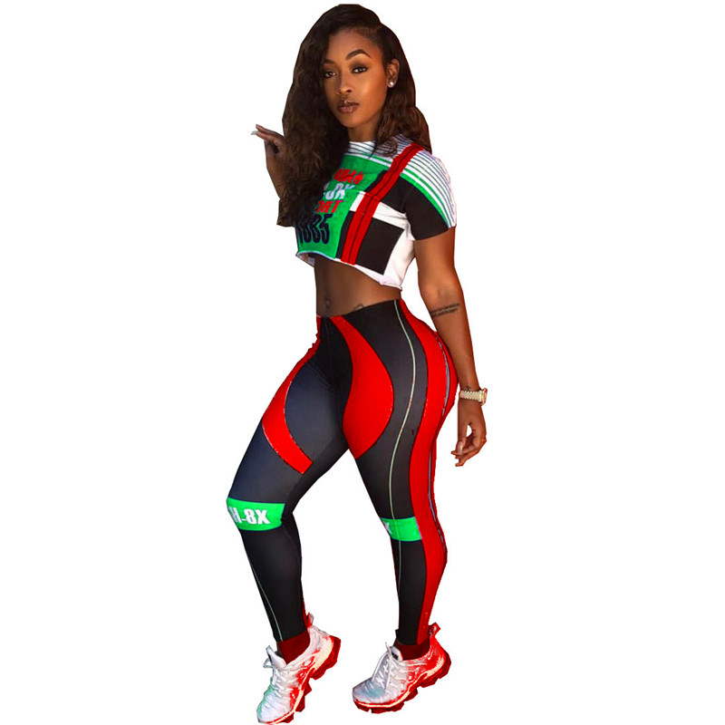 Women Multicolor Crop Top And TIght Leggings 2pcs/Set Sportswear