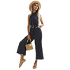 Women With Belt Polka-Dot Halterneck Suspenders Wide-Leg Black Jumpsuit