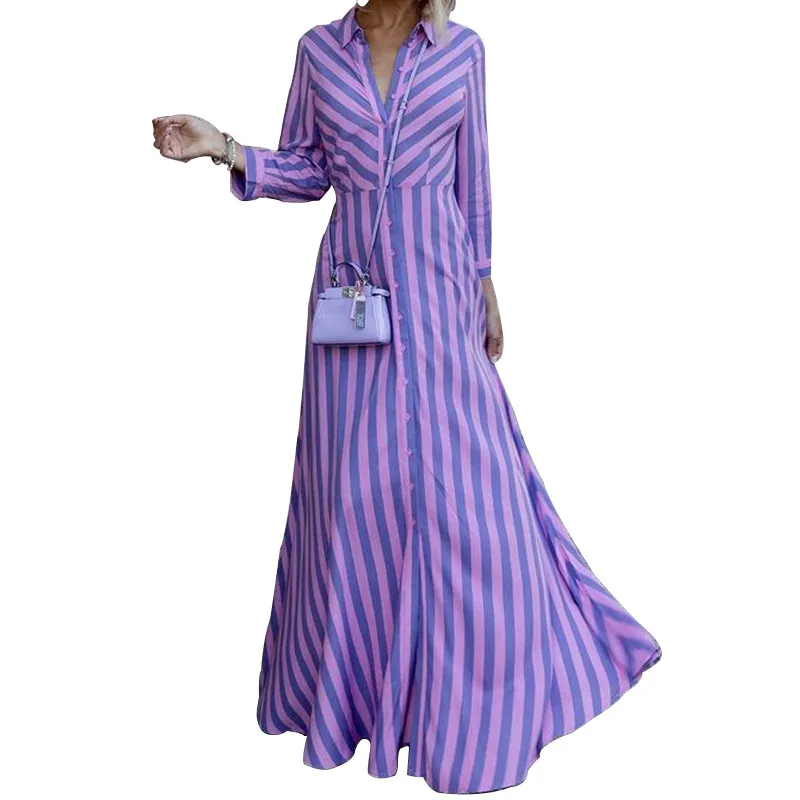 Women Ramadan /Eid Fashion Casual Stripe Long Sleeve Maxi Dress