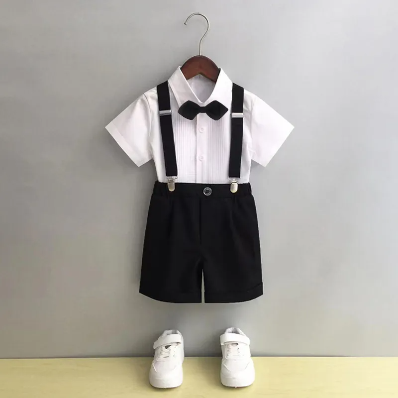 Kids Toddler Big Boys Summer Fashion Casual British Style Bow Shirt Suspender Trousers Boys Party Clothing Set