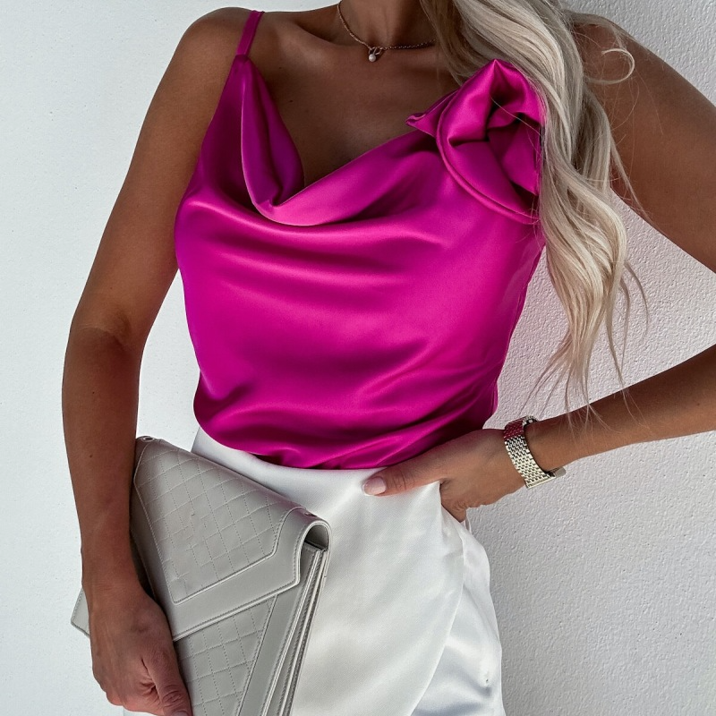 Women Fashion Simple Elegant Solid Color Satin Flower Design Camis Overlap Shorts Set