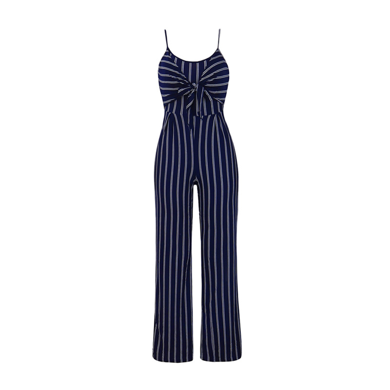 Women Stripe Print Sling Bow Wide Leg Jumpsuit