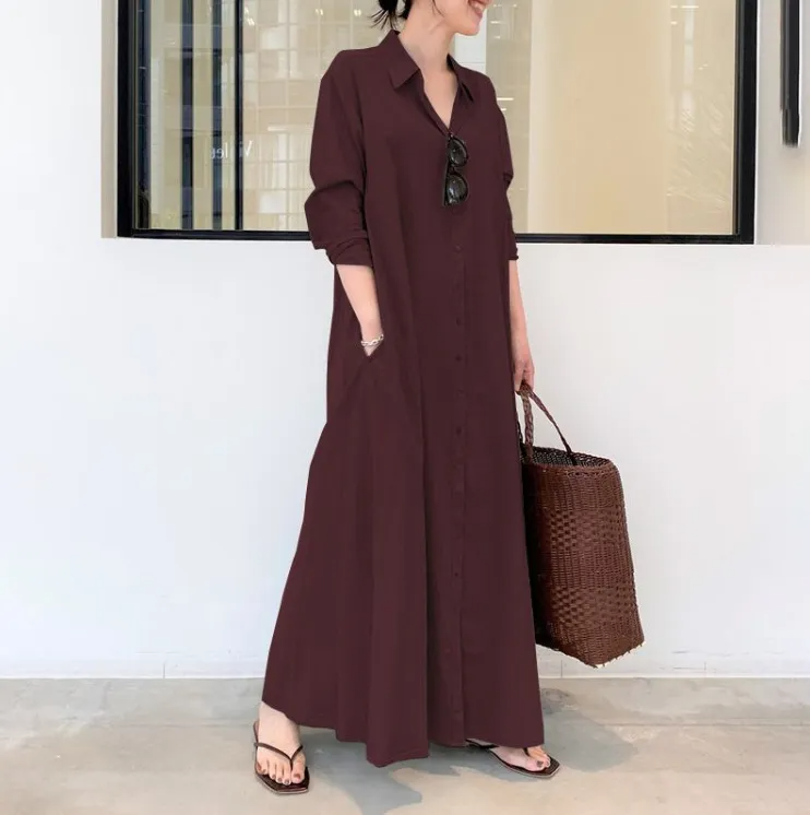 (Buy 1 Get 1) Casual Ramadan /Eid Women Solid Color Lapel Long Sleeve Pocket Simple Shirt Maxi Dress