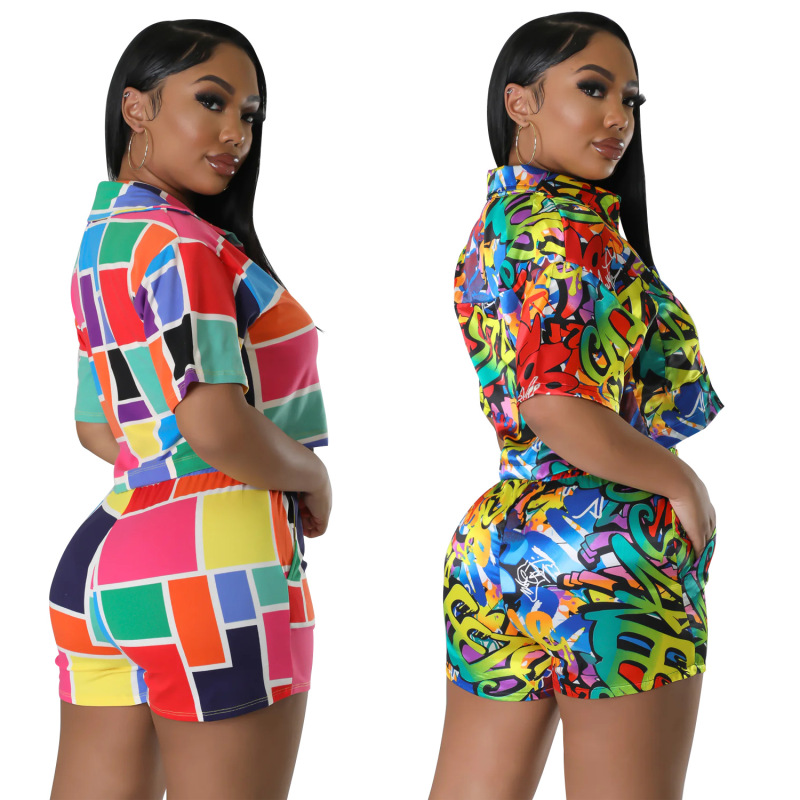 Women'S Fashion Printing Casual Lapel Single-Breasted Short Sleeve Two-Piece Set