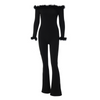 Women Solid Color Feather Long Sleeve One-Word Neck Slim Waist Fashion Jumpsuit