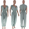 Women Solid Color V-Neck Pleated Short-Sleeved Waist Loose Casual Jumpsuit