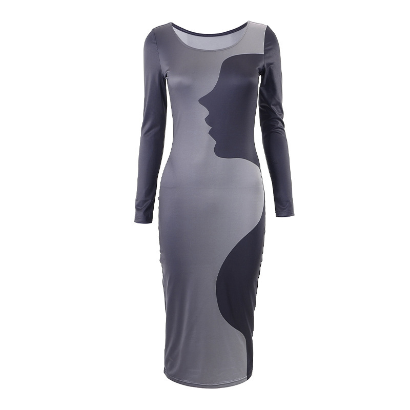 Women Fashion Sexy Figure Printing Long Sleeve Round Neck Dress