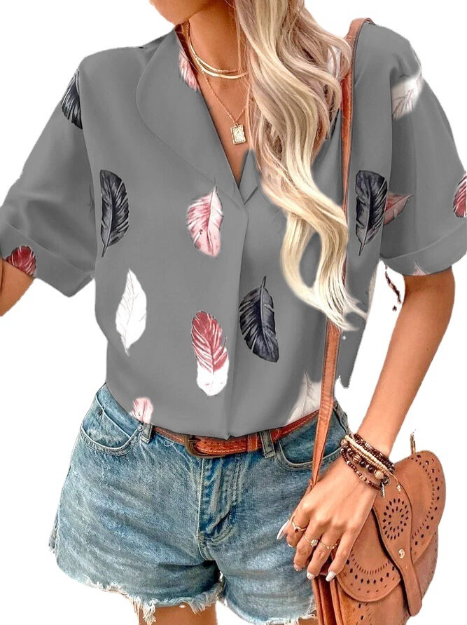 Summer Casual Women'S Lapel Feather Print Short Sleeve Shirt Office Chic Blouse