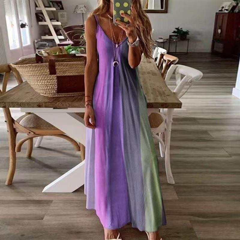 Women'S Fashion Boho Gradient Rainbow Color Printed Slip Casual Maxi Dress