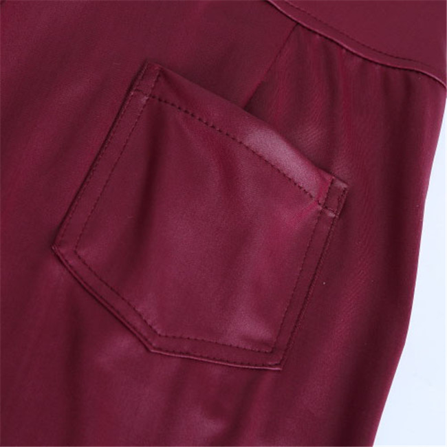 Women Fashion Solid Color High Waist Sash PU Pants