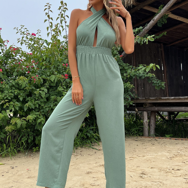 Women Vacation Halter Neck Hollow Backless Wide-Leg Jumpsuit