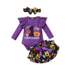 Kids Baby Girls Fashion Casual Halloween Solid Color Pumpkin Letter Round Neck Long Sleeve Romper Skull Spider Bow Skirt Dress Set