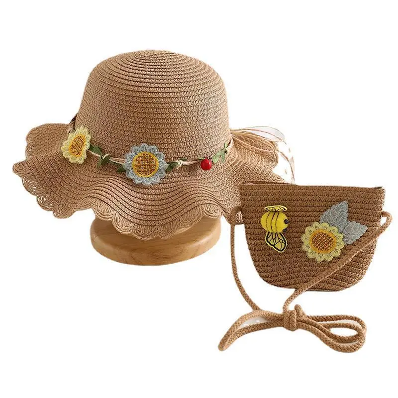 Kids Girls Fashion Straw Woven Wavy Hat And Bag Set