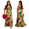 Women Fashion Sexy Vacation Floral Printed Deep V Tube Front Split Suspenders Dress