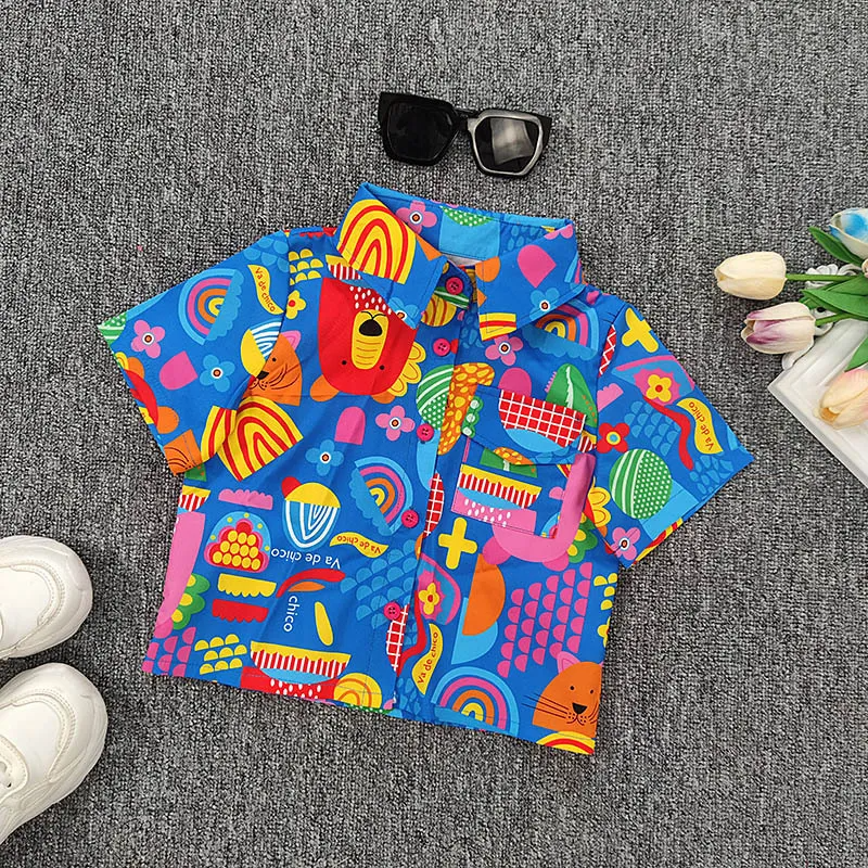 Children Kids Baby Fashion Boys Short Sleeve Cartoon Print Shirt