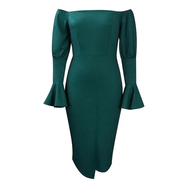 Women Fashion Sexy Solid Color Off-The-Shoulder Flare Sleeve Tight Dress