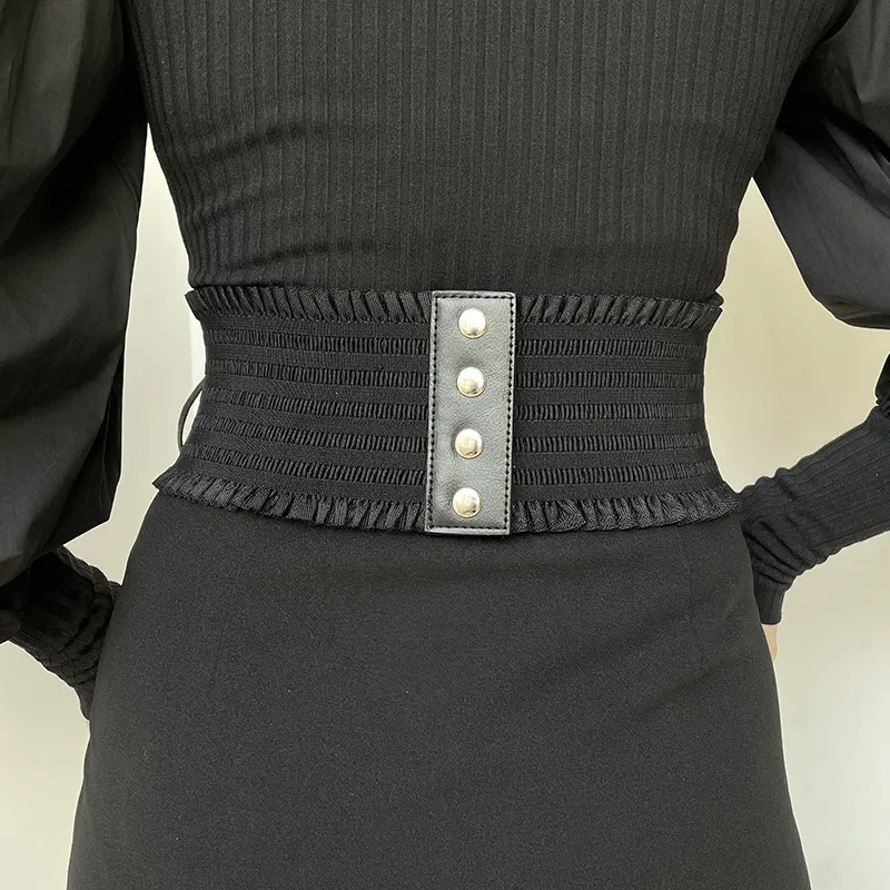 Women Fashion Lace Stitching Strap Pu Slim Defined Waist Stretchy Belt