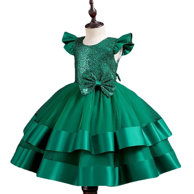 (Buy 1 Get 1) Kids Baby Girls Summer Fashion Party Cute Sweet Solid Color Sequins Bow Pleated Mesh Party Tutu Dress