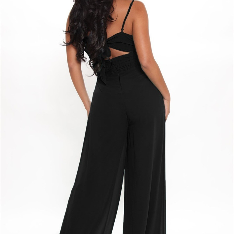 Women Solid Color Suspenders Pleated Backless Loose Casual Wide Leg Jumpsuit