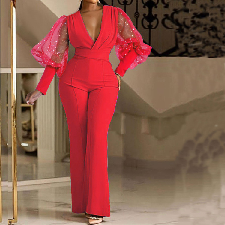 Women Solid V-Neck Mesh Panel Long Sleeve Neck Waist Casual Jumpsuit