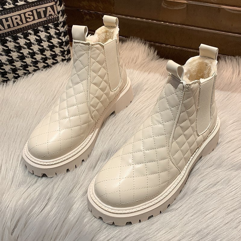 Women Fashion British Style Rhombic Quilted Warm Thickened Round Toe Short Barrel Snow Boots