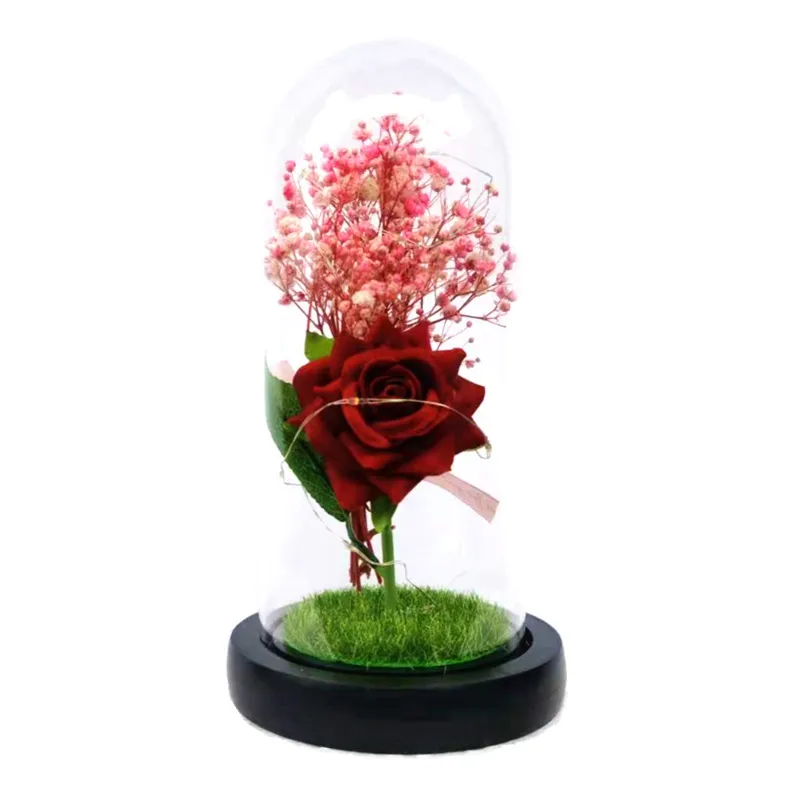 Simulation Immortal Flower Glass Cover Valentine'S Day Creative Gift Glowing LED Light Decoration Gift