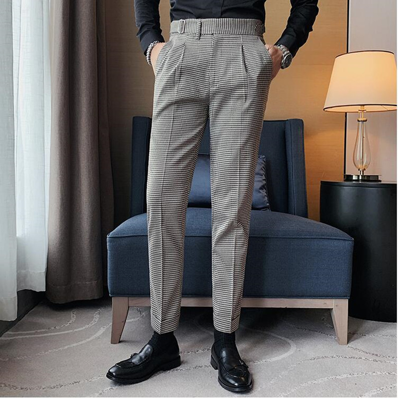 Fashion British Style Dress Suit Pants Men Plaid Pattern Gentlemen Business Casual Work Trousers