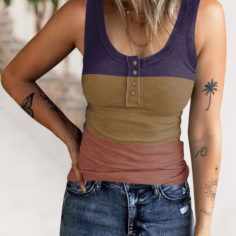 Women'S Fashion Button Rib-Knit Gradient Color Tank Top