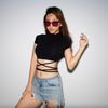 Women'S Fashion Solid Color Sexy Edgy Bandage Short Sleeve Cropped Top