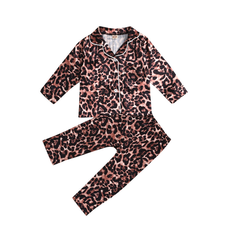 Children Kids Toddlers Girls Leopard Print V-Neck Long-Sleeved Tops And Pants 2pcs Pajamas Set