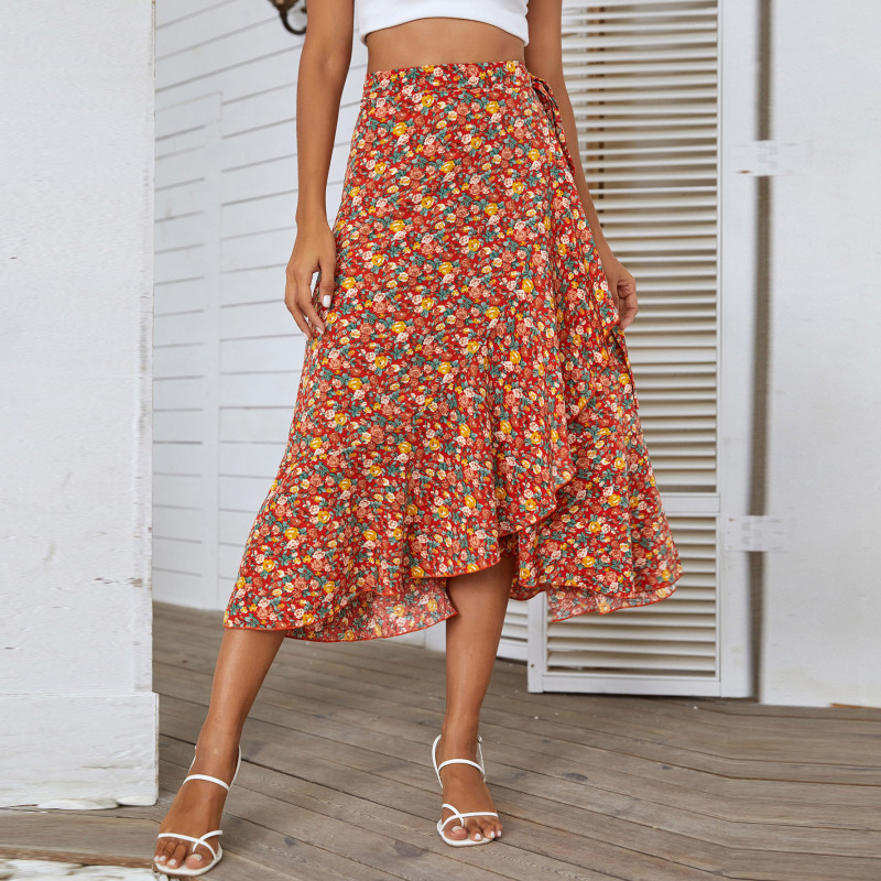 Women'S Casual Bohemian Small Tiny Flower Printing Beach Vacation Drawstring Waist Irregular Wrap Skirt