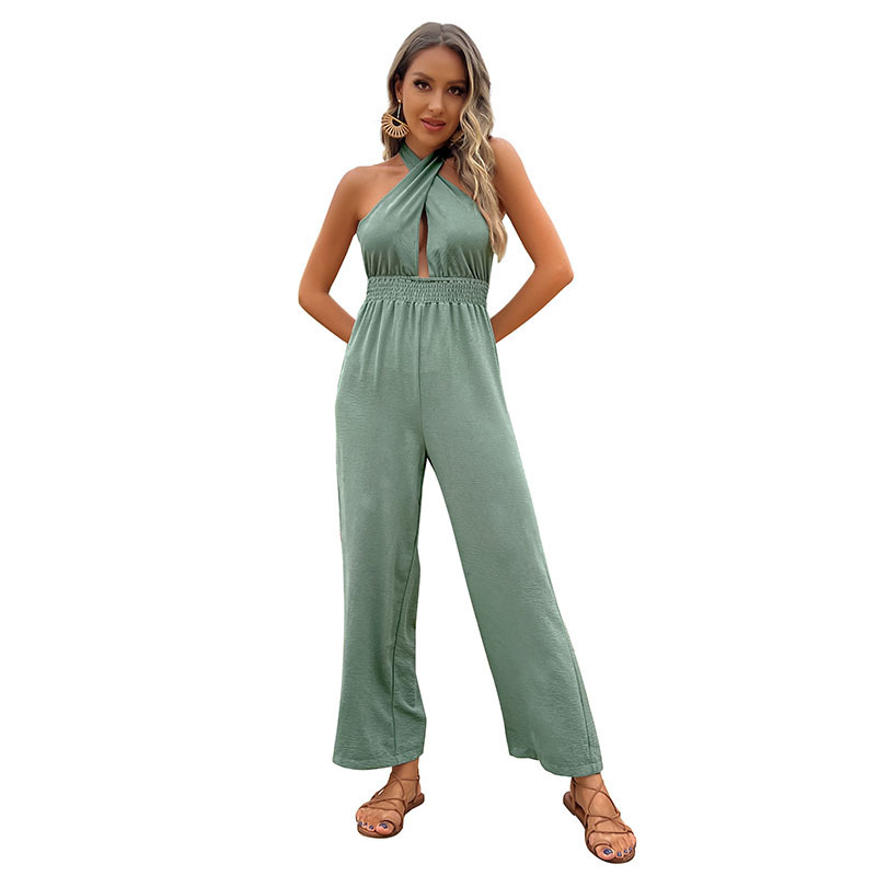 Women Cross Halter Strap Open Back Jumpsuit