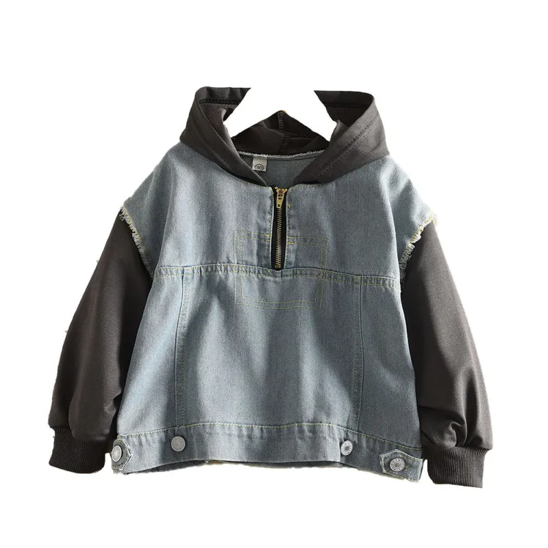 Children Kids Baby Fashion Girls Boys Long Sleeve Denim Splicing Hoodies