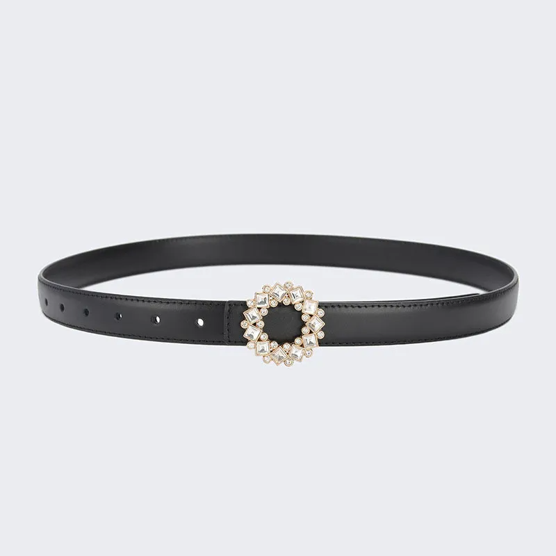 Women'S Fashion Casual Rhinestone Round Alloy Buckle Leather Belt